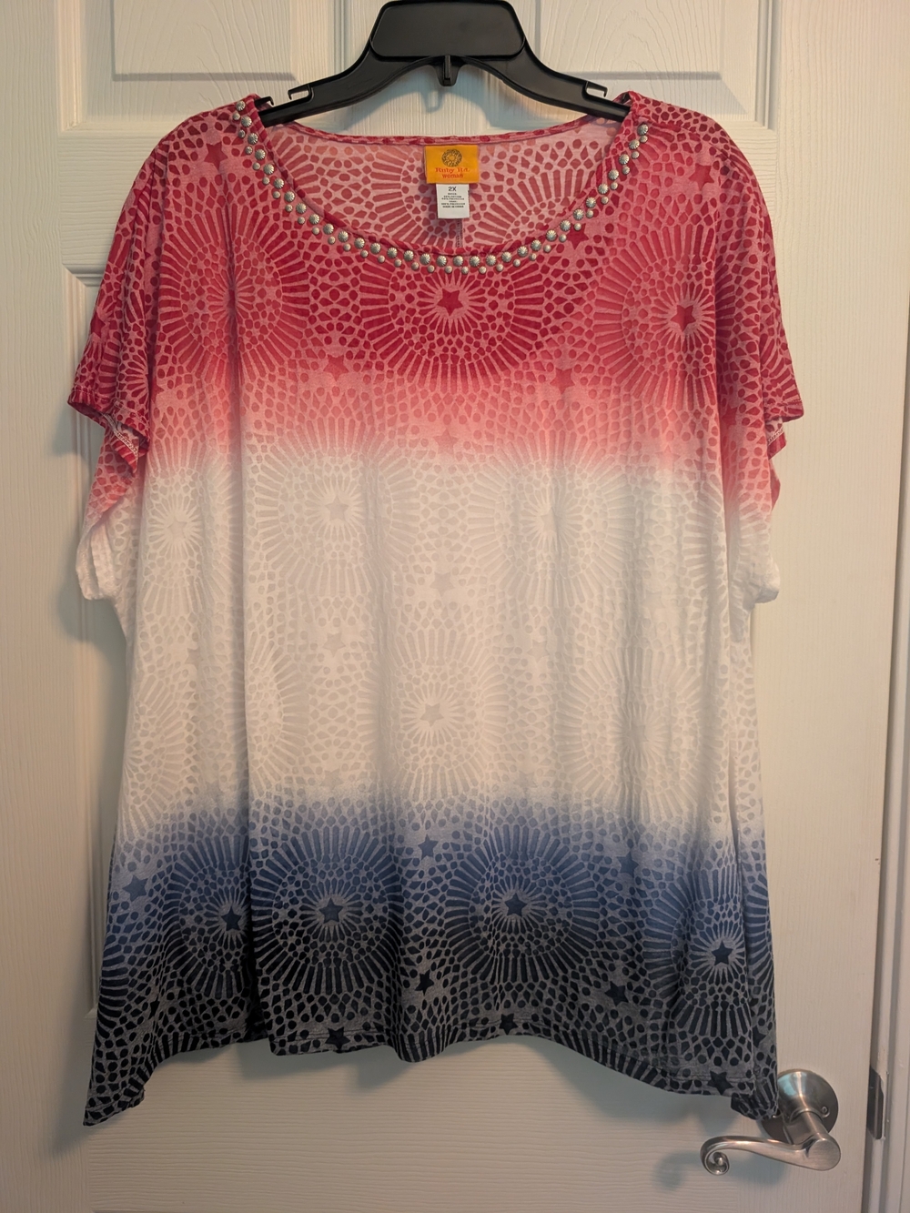 Ruby Rd. Red White Blue Ombre Beaded Neckline Short Sleeve Top 2X